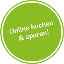 !" Runde, grüne Plakette. "Online buchen & sparen!"